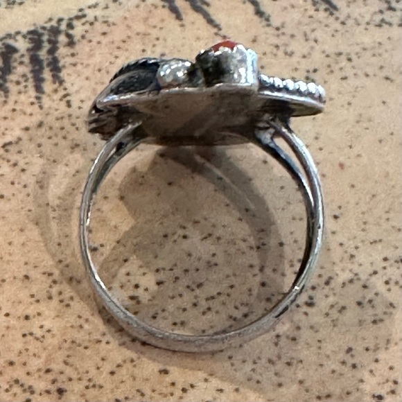 Vintage Old Pawn Sterling Silver Turquoise & Coral Statement Ring  size 7 - Picture 7 of 8